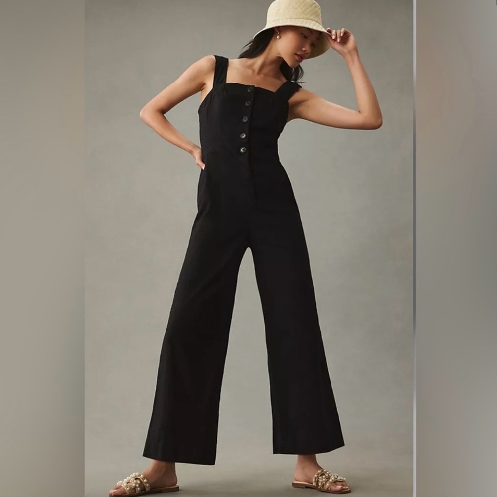 Anthropologie Portside Button-Front Jumpsuit The Colette Wide Leg Black Size 0